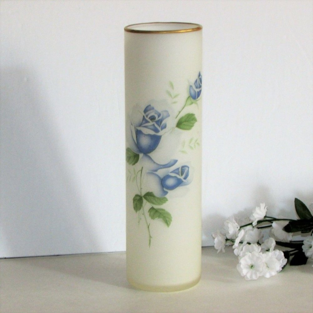 Vintage Satin Glass Vase Frosted White Blue Roses 8" Tall Floral Decor Cottage